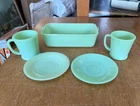 Lot of Fire King Jadeite _ Two Coffer Cups, Loaf Pan, and 2 Saucers