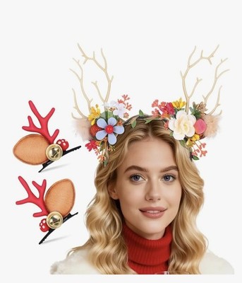 Fairy Antlers Ears Headband and Hair Clips, Reindeer Elf Ears Headdress Deer...