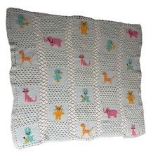 Vintage Handmade Crochet Colorful Baby Blanket Bunny Cat Bear Elephant Duck Pony