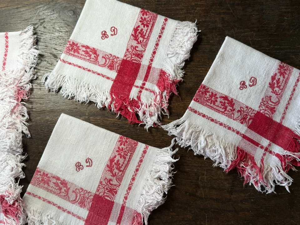 TEXTILE ANCIEN - LINGE DE TABLE - 6 SERVIETTES Brodées B.D. - Photo 4/4