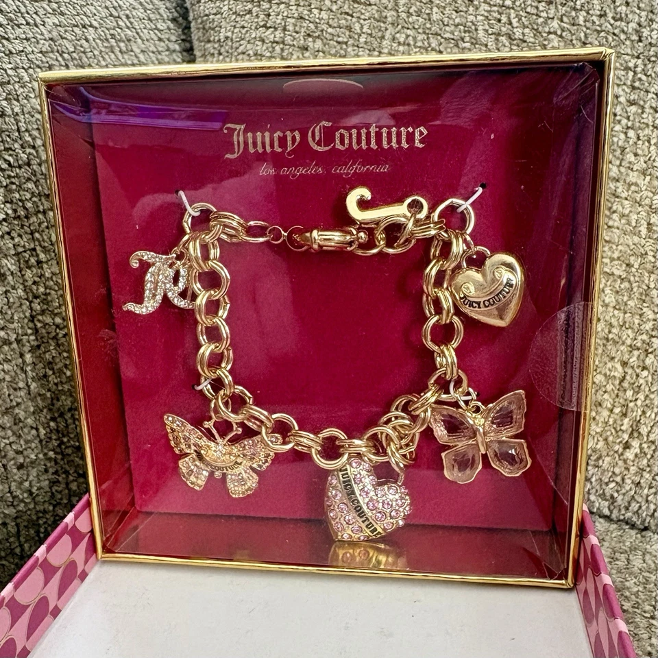 JUICY COUTURE 6 Charm Bracelet Gold Butterflies Rhinestone Engraved Heart JC Y2K - Image 2 of 4