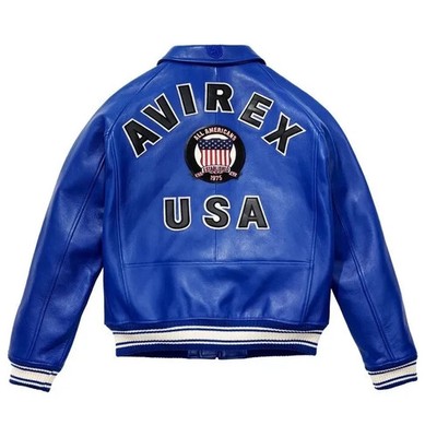 Avirex Men's Blue Real Leather Flight Bomber Jacket American Pilot Varsity Coat