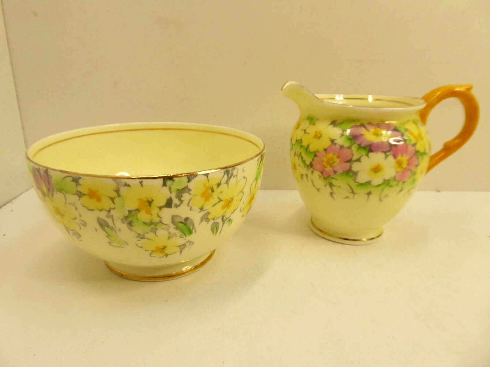 CROWN STAFFORDSHIRE YELLOW GLAZE FLORAL  ART DECO JUG & SUGAR BOWL