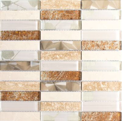 Glasmosaik Edelstahlfliesen Steinmosaik Stäbchen Weiß Beige 87-52X_f | 10 Matten
