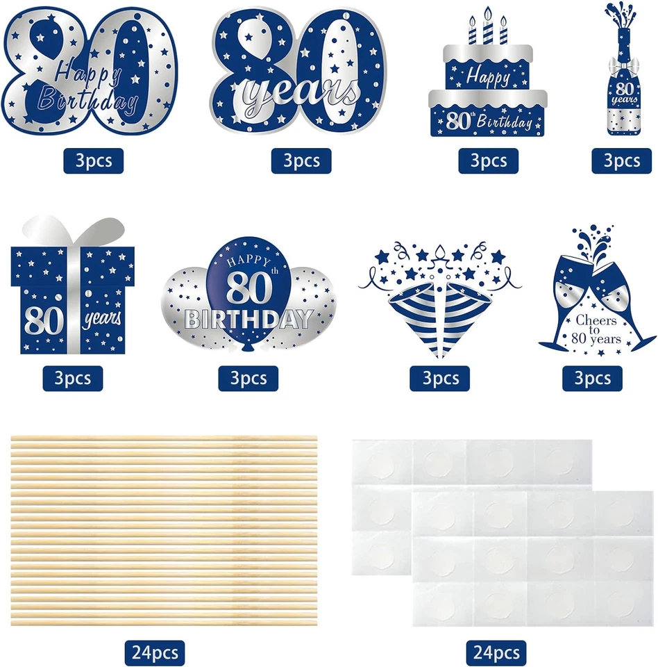 24 Piezas Decoraciones de Cumpleaños 80 para Hombre, Azul Plata 80 Años Bi Foto 3 de 4