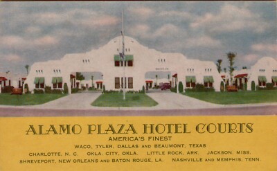 Postcard Alalmo Plaza Hotel Courts Waco, Tyler, Dallas and Beaumont, Texas c1940