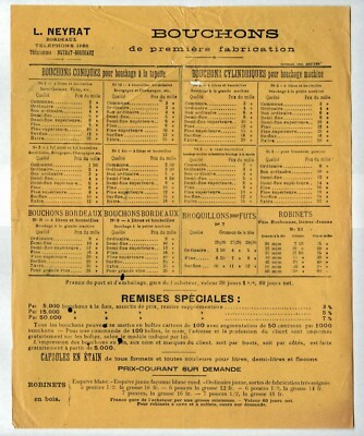 BORDEAUX (33) CORKS BROKILLONS WINE TAPS ''Leo NEYRAT'' tariff in 1914