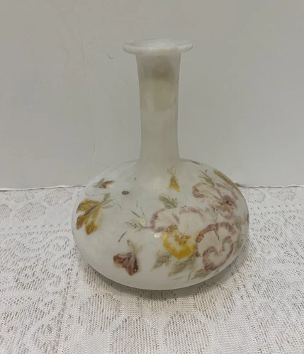 VTG Hand Painted Custard Satin Finish Glass Vase w Yellow Floral