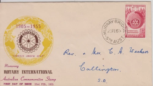 Stamp 1955 Australia 3&1/2d Rotary International Wide world FDC Murray Bridge