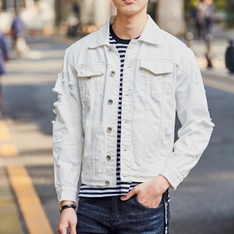 Men Denim Jacket Coat Ripped Distressed Long Sleeve Slim Jean Tops Casual