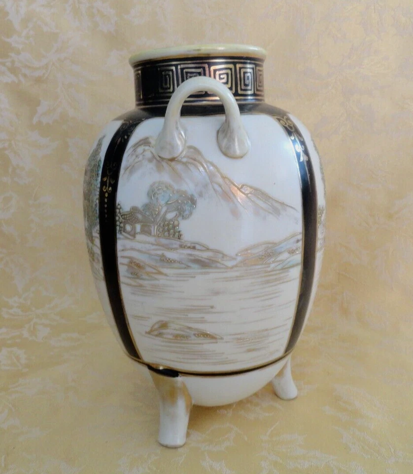 Antique Nippon Chikusa Moriage Hand Painted Footed Vase Pavilion Country Scene - Image 4 of 4
