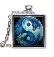 Yin Yang Dragon Symbol - Handmade SQUARE Glass Pendant Necklaces