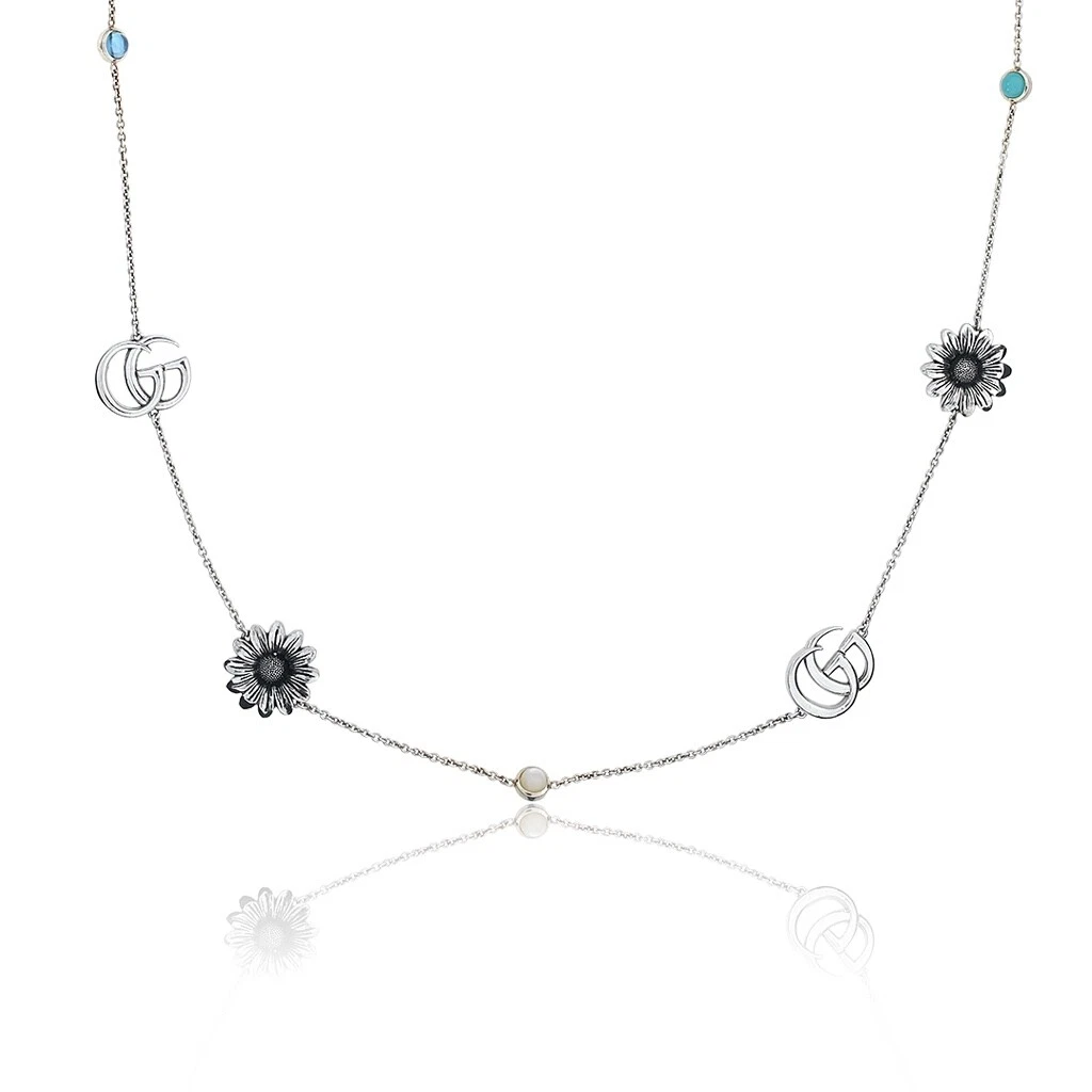 Gucci Marmotta Doppia GG Argento Sterling Margherita Fiore e Pietra Preziosa 31 1 2" Stazione