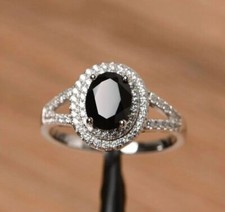 Black Onyx Ring Double Halo Onyx Ring 925 Sterling Silver Onyx Ring Bridal Ring