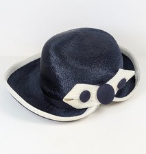Jack McConnell Boutique Vintage Blue White Straw Hat Bow Asymmetrical Brim Derby
