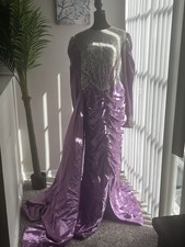 Purple Silver Long Formal Dress, Ruched Skirt, Silver Sequins, Long Sleeves