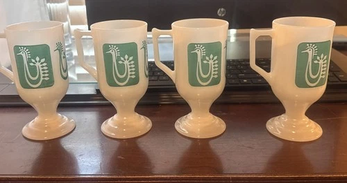 Vintage MCM Federal Milk Glass Coffee Mugs, Turquoise Danish Rooster Set Of 4