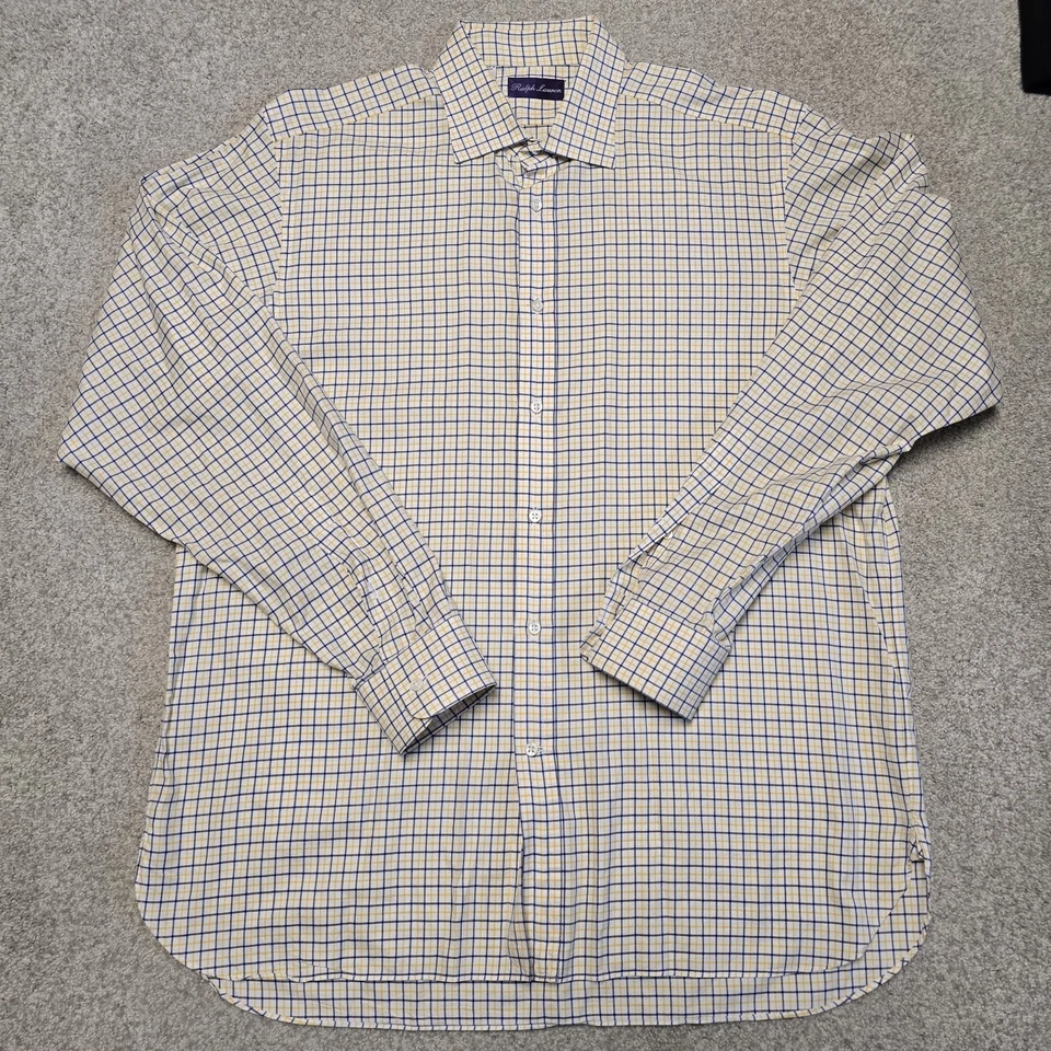 Ralph Lauren Purple Label Men’s Dress Shirt 17 Made in Italy Yellow Blue Check - Image 4 of 4