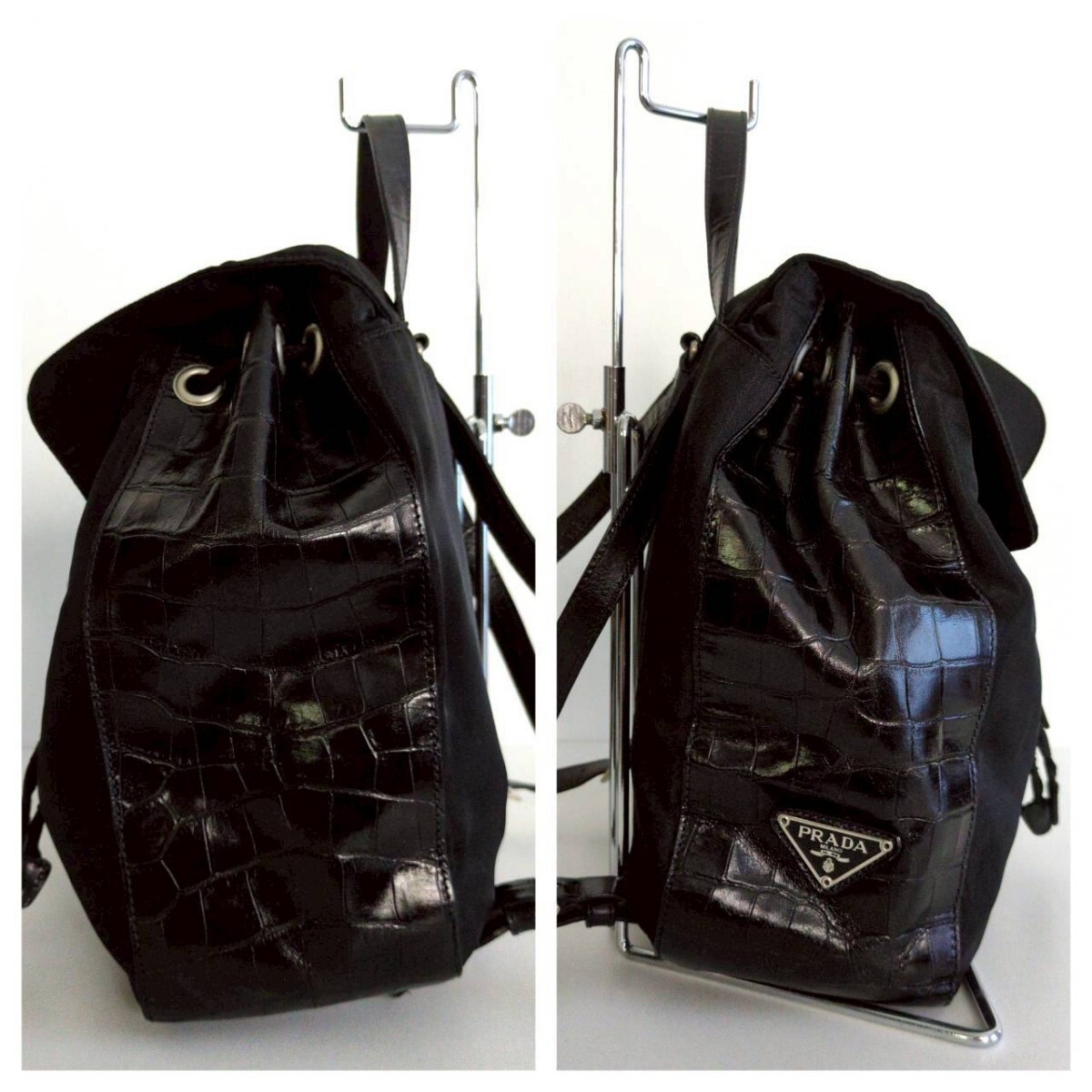 Condition PRADA Old Vintage 90s Croco Nylon Drawstring Backpack Bag Handbag Bla thumbnail 2