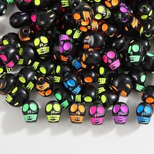 50pcs 3D Gothic Skull Beads 12mm Black with Neon Acrylic Charm for Halloween