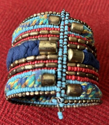 Boho Cuff Bangle Bracelet Gold, Red & Turquoise Toned Beads Braided Yarn Details