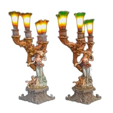 Large Belari Lady And Dog Vintage Victorian Tulip Lily Shade Porcelain Lamps