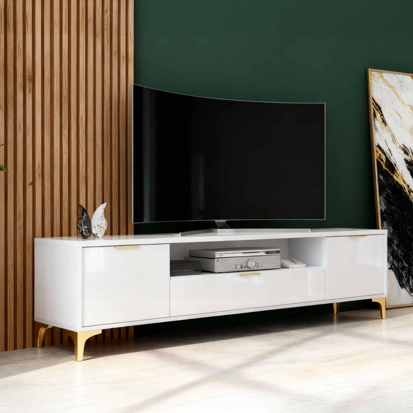 TV Unit TV Stand Sideboard Cabinet White Gloss Gold Drawer Storage Modern 200cm