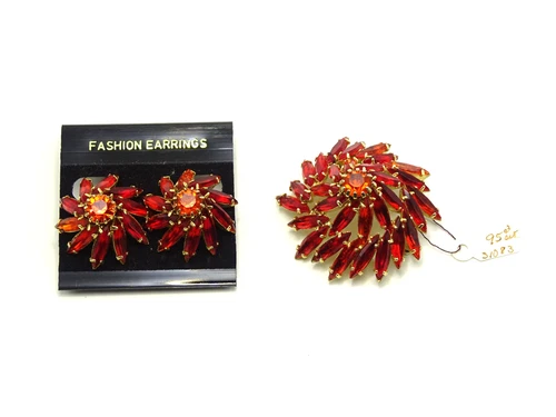 Vtg Signed Emmons Red Rhinestone Costume Jewelry Brooch Earring  NO RESERVE! - 2