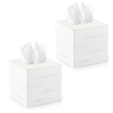 Ilyapa Wood Tissue Box Cover Square, 2 Pack - Rustic Farmhouse White Wooden