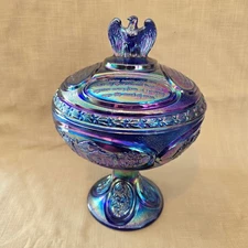Fenton Blue Carnival Glass USA Bicentennial Covered Compote Candy Dish Eagle