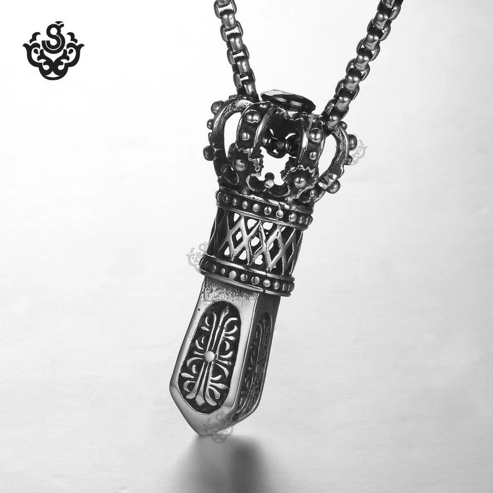 Silver crown pendant stainless steel black crystal Scepter necklace large heavy Foto 3 de 3