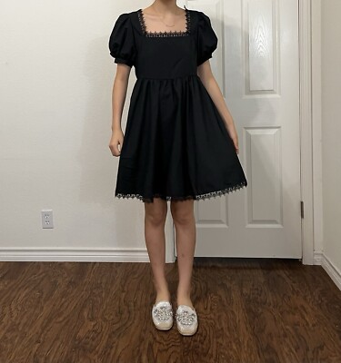 romwe formal dress ROMWE Black Lace Puff Sleeve Dress Size Medium