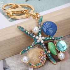 Ocean Series Rhinestone Keyring Pendant Starfish Scallop Pearl Keychain Bag