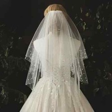 2 Tier WHITE Wedding Bridal Veil with Comb 24"  32" long layers faux pearls