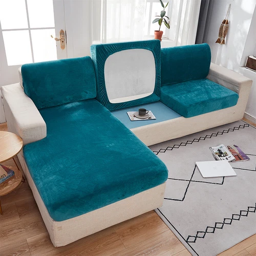 Velvet Sofa Seat Cushion Cover Thick Solid Soft Stretch Sofa Plush Slipcovers - Picture 13 of 15