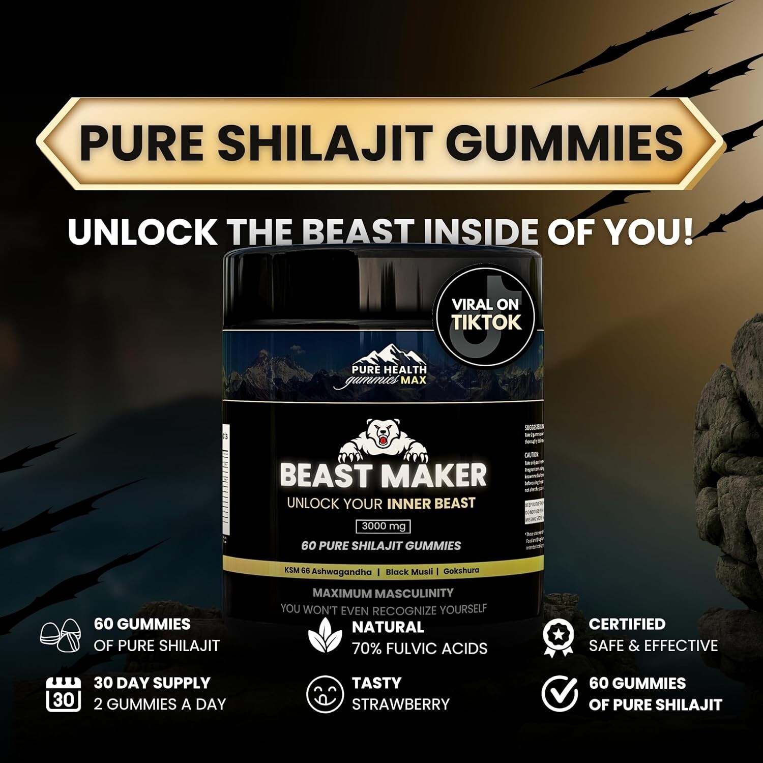 PURE HEALTH MAX Beast Maker - Pure Shilajit Gummies for Men | Natural Himilayan