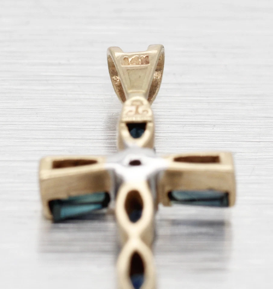 Vintage 0.50ctw Blue Sapphire & Diamond Cross Pendant - 14k Yellow Gold Charm - Image 3 of 4