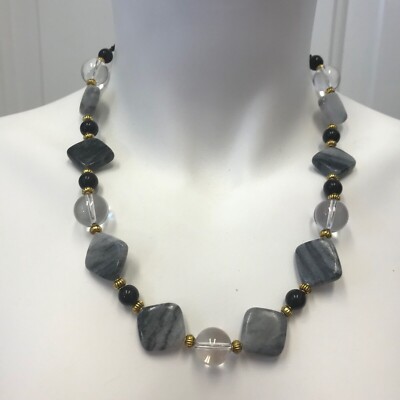 Gray Marble, Black Obsidian, and Clear Quartz Crystal Handmade Beaded Necklace