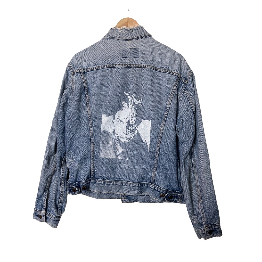 Vintage 90s Levis Destroyed Denim Jacket Two Face Art Comic Batman 