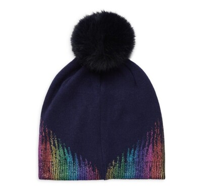 ADRIENNE LANDAU Womens Beanie Hat Navy Blue Metallic Rainbow 
