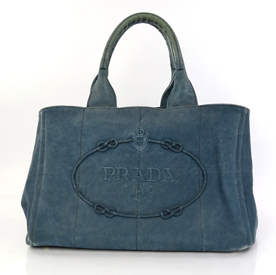 Authentic PRADA Canapa Blue Denim Shopping Tote Hand Bag Purse