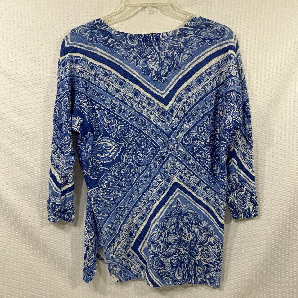 Lilly Pulitzer 上衣束腰外衣风格蓝色 3/4 袖 V 领 100% 亚麻针织尺寸- XS/S — 第 2/4 张图片