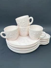 Set of 4 VTG 1950’s Jeannette Feather Shell Pink Milk Glass Snack Plate and Cup