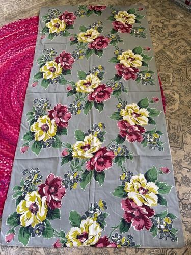 Vtg 1940's Berry Rose Yellow Floral Fabric Gray Background 3.6 Yards Linen Cottn - Picture 7 of 14
