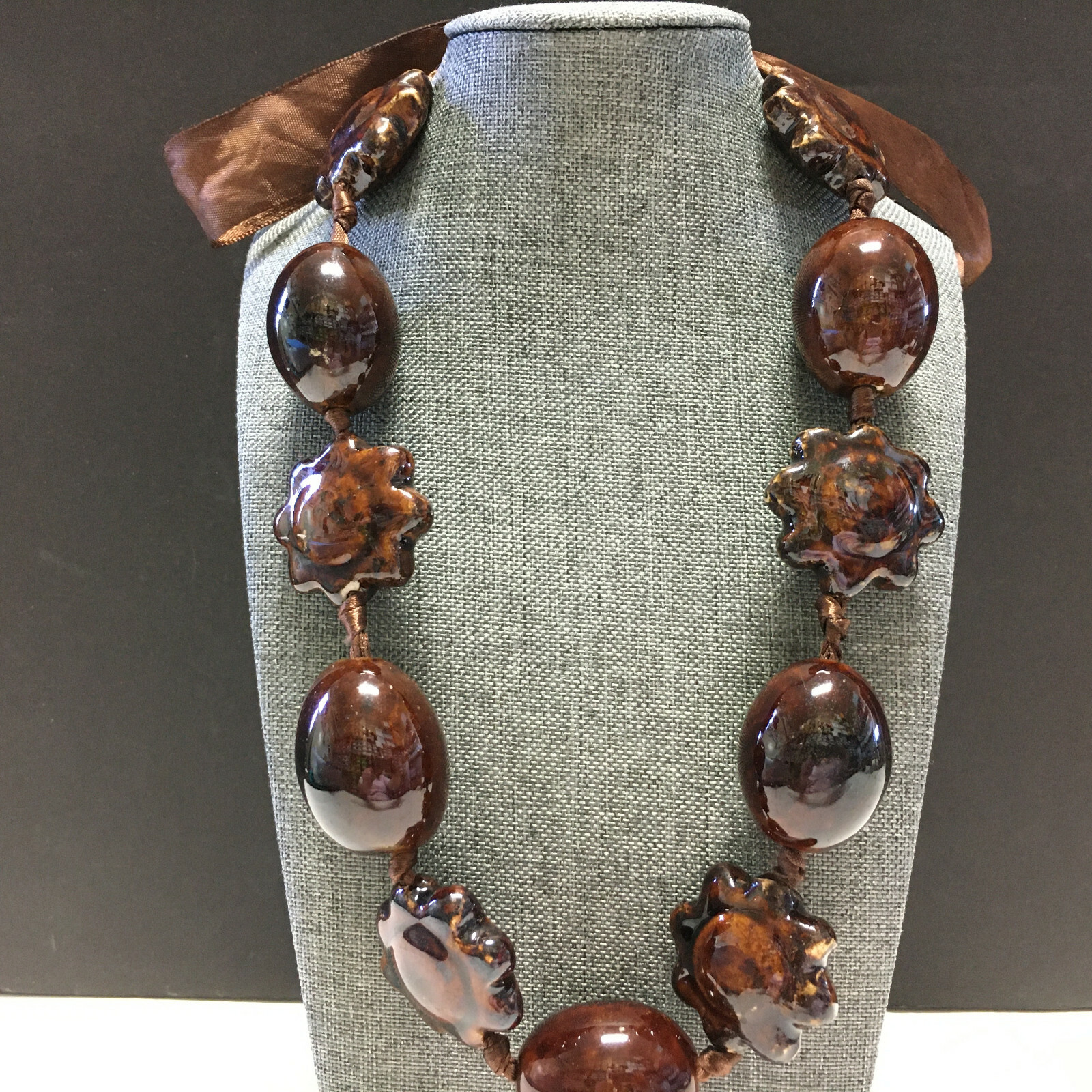 HUGE Chunky Heavy Brown Ceramic Statement NECKLAC… - image 8