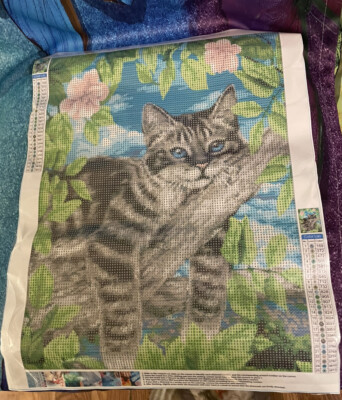 TishIron 5D DIY Lazy Kitty Cat w Pink Flowers Diamond Painting Kit NEW 12'' X 16''
