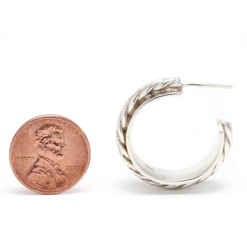 Solid Wide Rope Twist Hoop Earrings, Sterling Silver, Length 1 Inch, Vintage - Picture 3 of 6