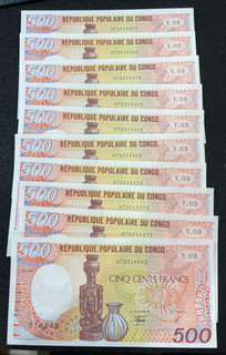 1990 Congo 500 Francs 10 Consecutive Banknotes lot Excellent Condition