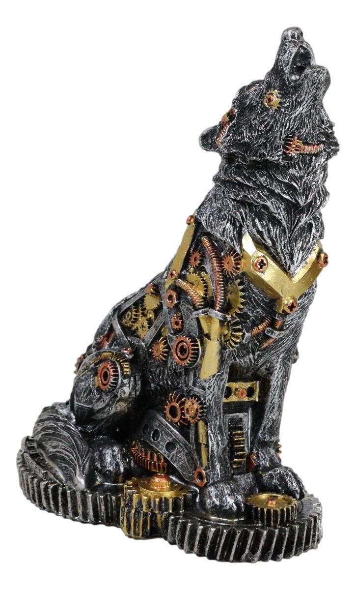 Ebros Steampunk Silver Alpha Wolf Howling Statue with Gears Base