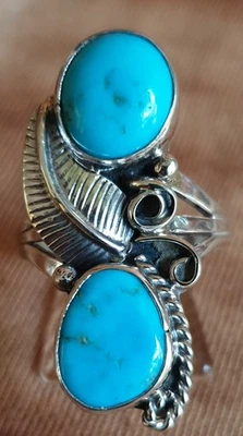 Floraler Navajo Damen Ring, mit 2 Türkisen, Gr. 54 Silber Indianerschmuck